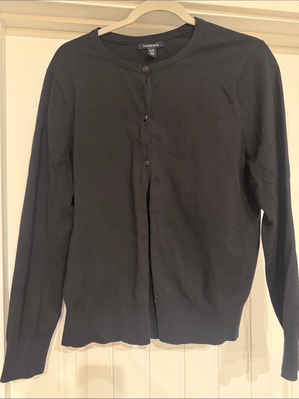 Lands' End Women's Black Crewneck Button Cardigan